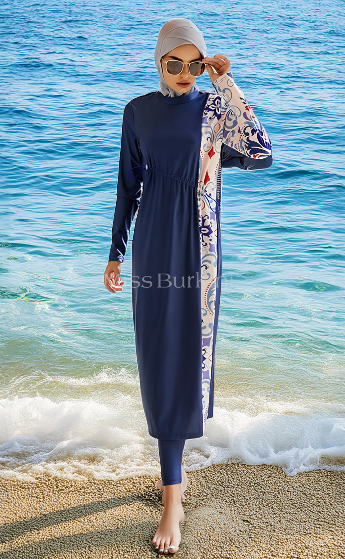 Gesluierde vrouw burkini Jasmina blauwe patronen – The Kaftan