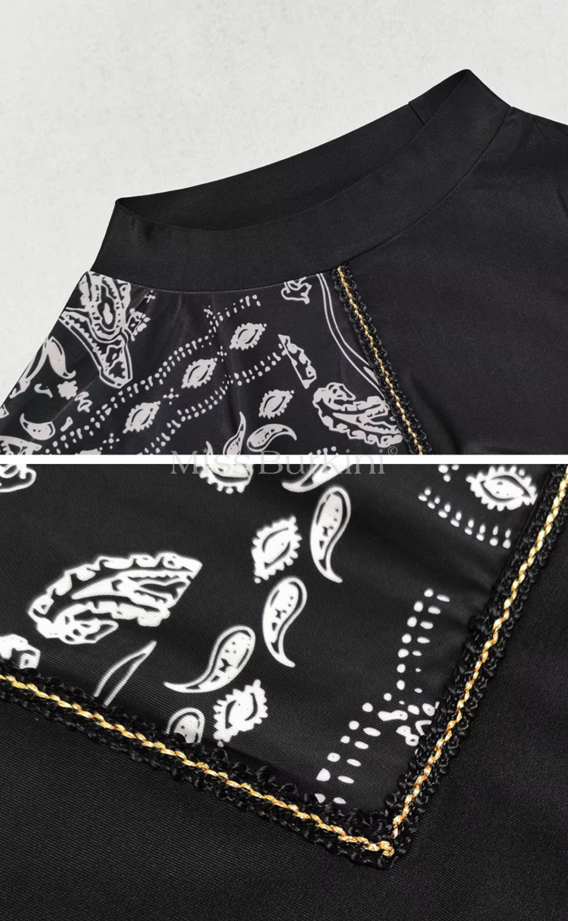 Gesluierde vrouw burkini Jasmina zwart witte patronen – The Kaftan