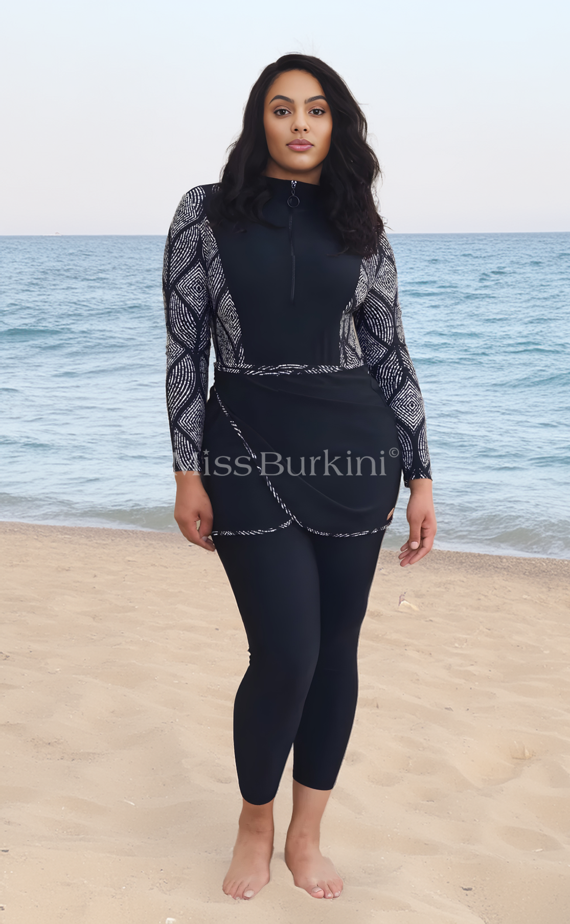Lange zwart-witte Malaga-burkini – The Kaftan