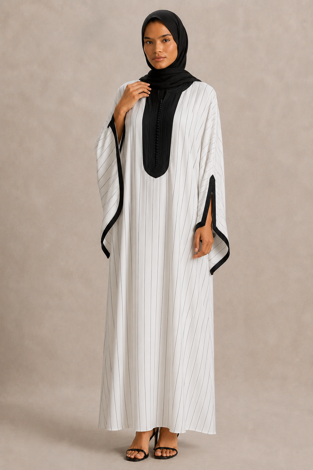 Gandoura Safia Weiß Gestreift Schwarz