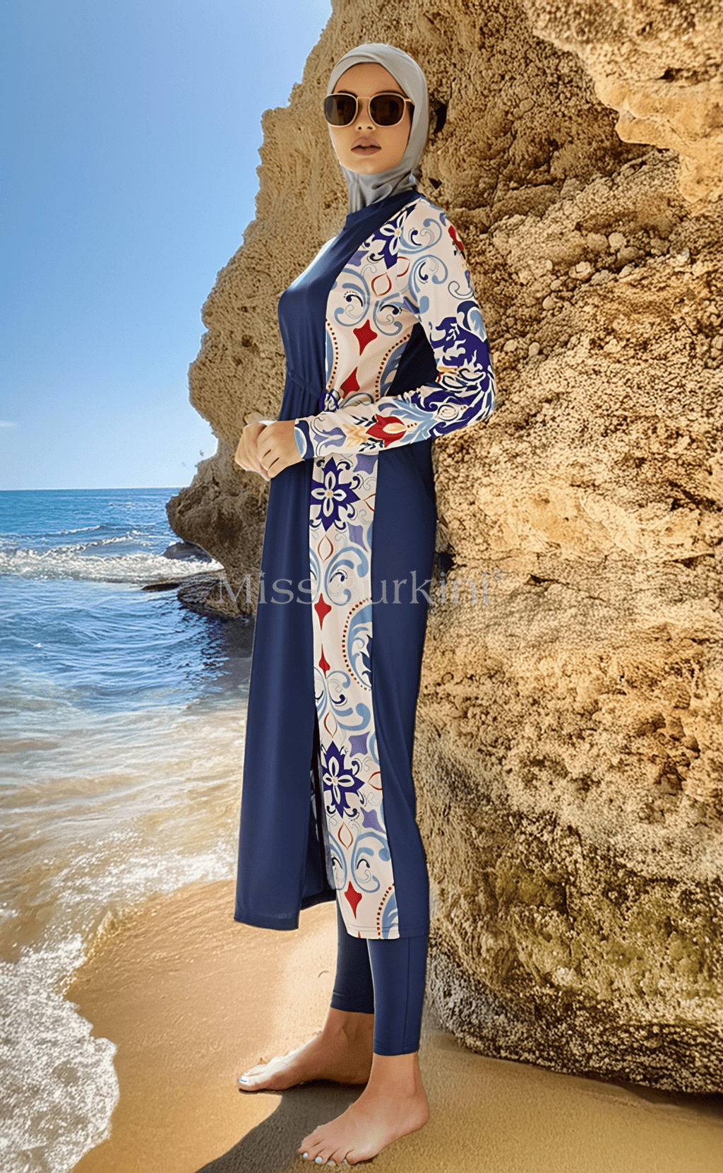 Verschleierte Frau Burkini Jasmina blaue Muster