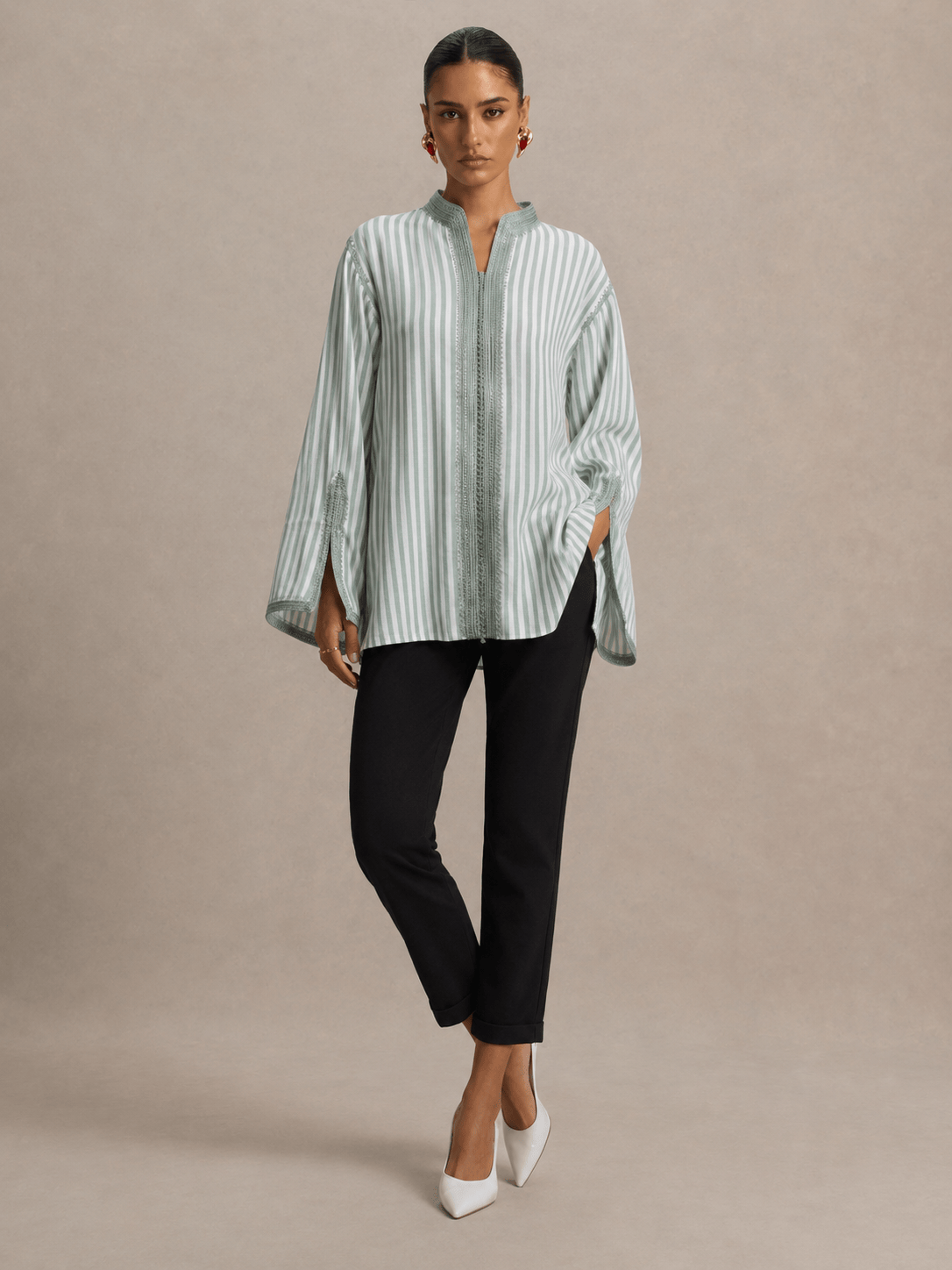 Tunic Beldi Sea Green Embroidered Stripes