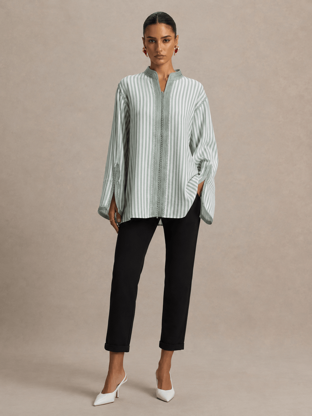 Tunic Beldi Sea Green Embroidered Stripes